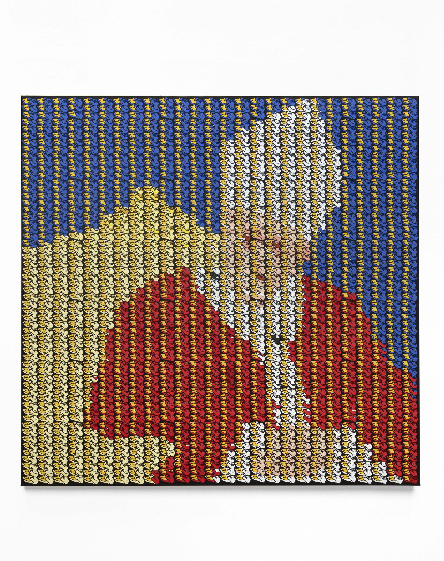 Künstlerische Darstellung in bunten Mustern mit abstrakter Figur in Rot, Gelb und Blau, bestehend aus vielen kleinen Elementen.