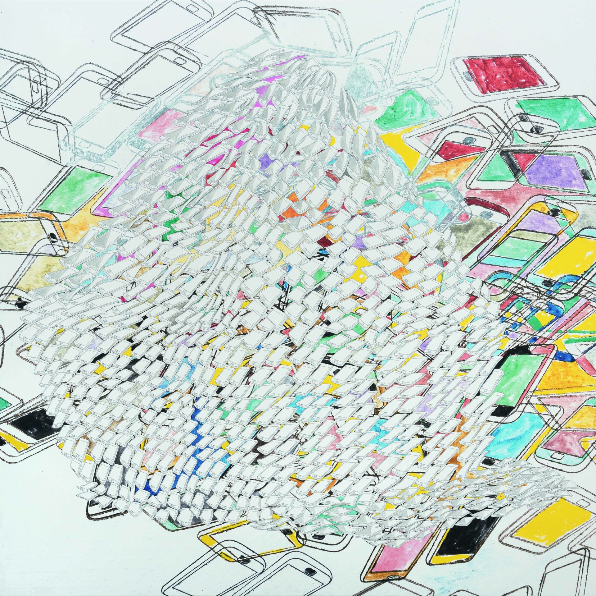 Kunstwerk aus einer strukturierten Fläche von Smartphones, umgeben von bunten skizzierten Handys in verschiedenen Positionen.